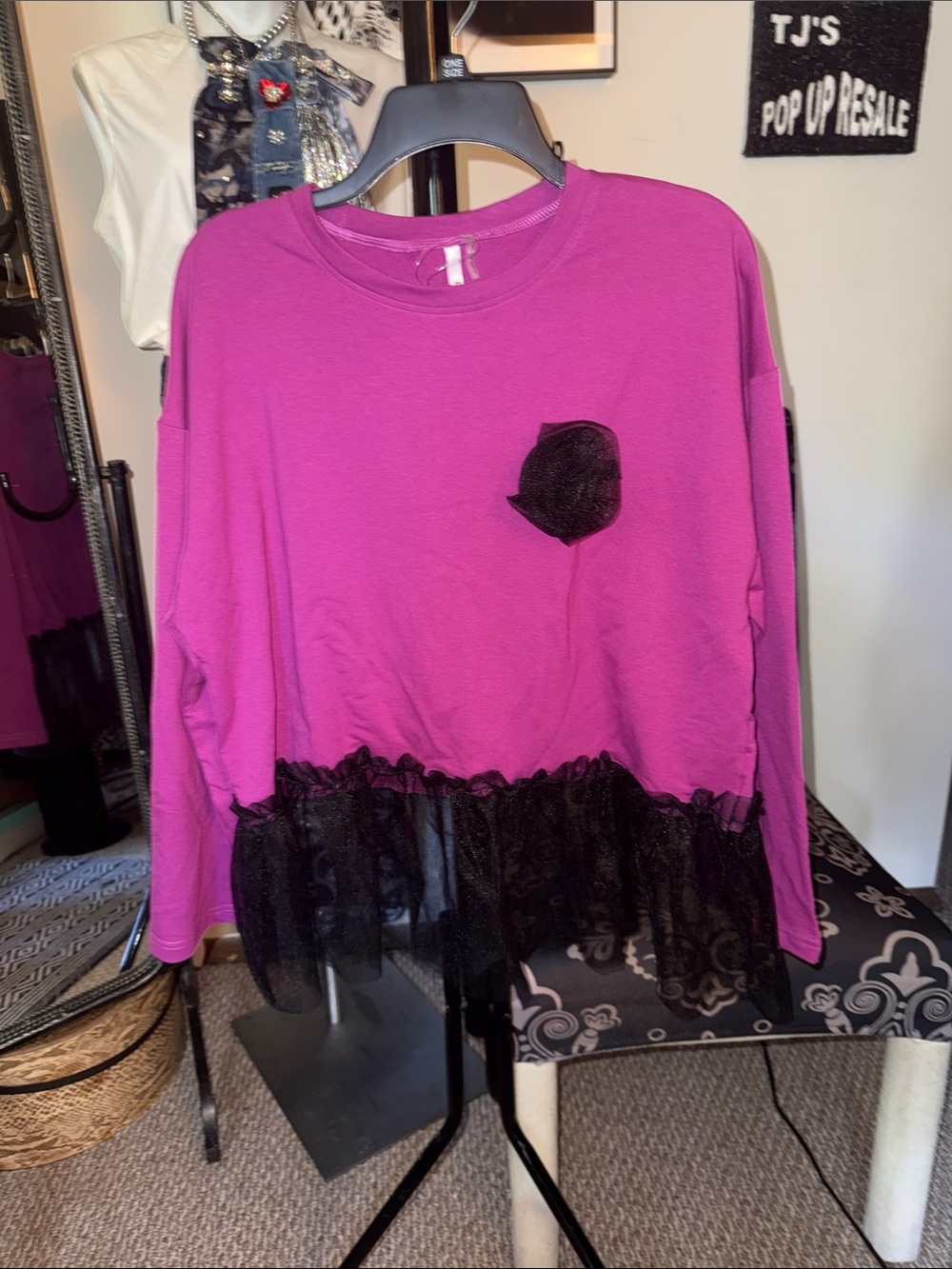 Fuchsia Long-Sleeve Sweatshirt with Black Lace Trim